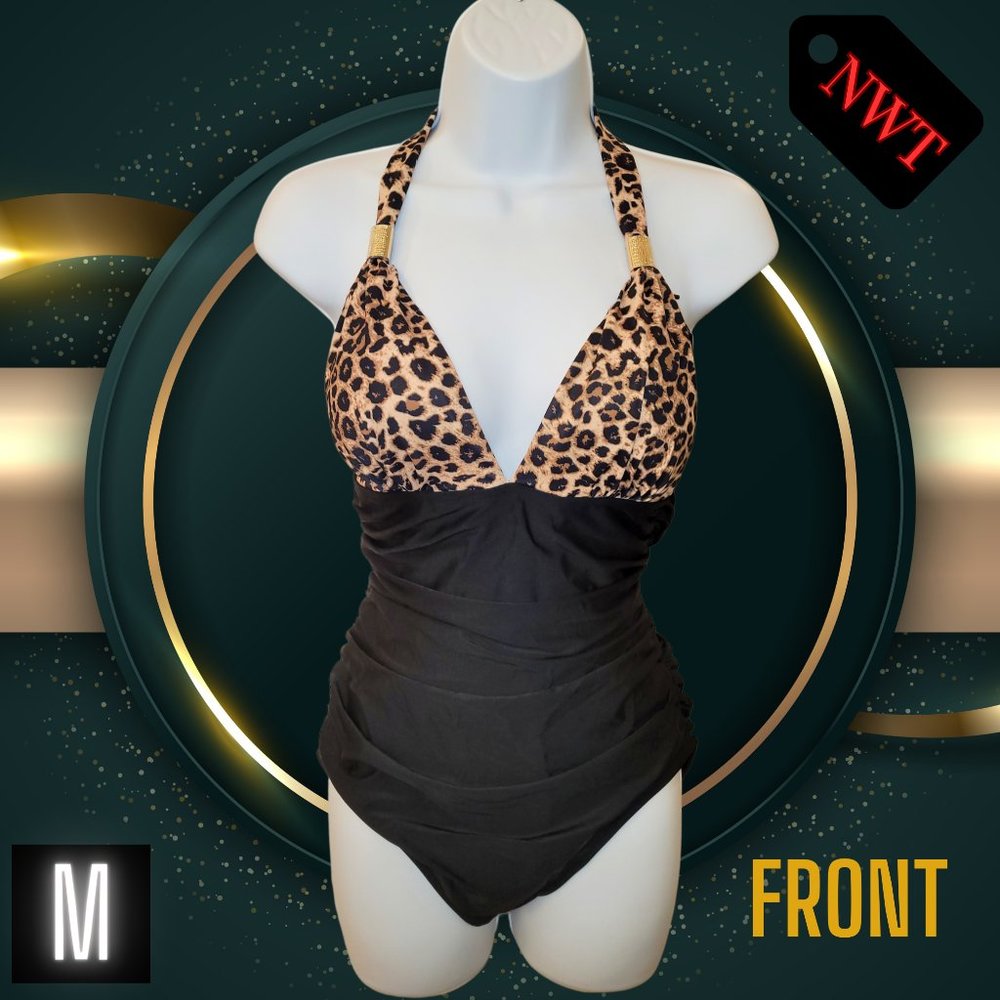 Medium NWT Black Leopard Print One Piece Swimsuit with Tie Neck and Gold Accents